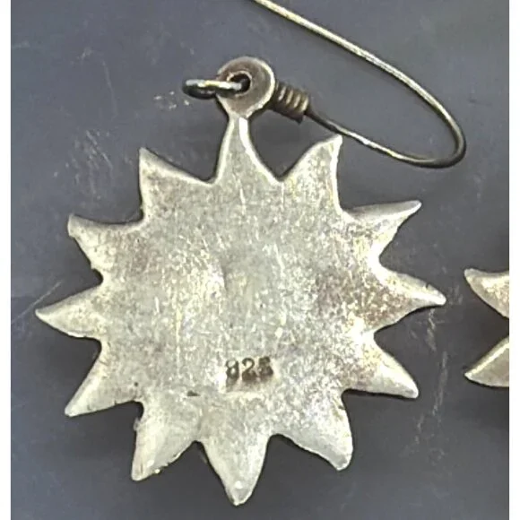 Vintage 925 Sterling Silver Smiling Sun Face Sunburst Dangle Drop Boho Earrings - Picture 8 of 9